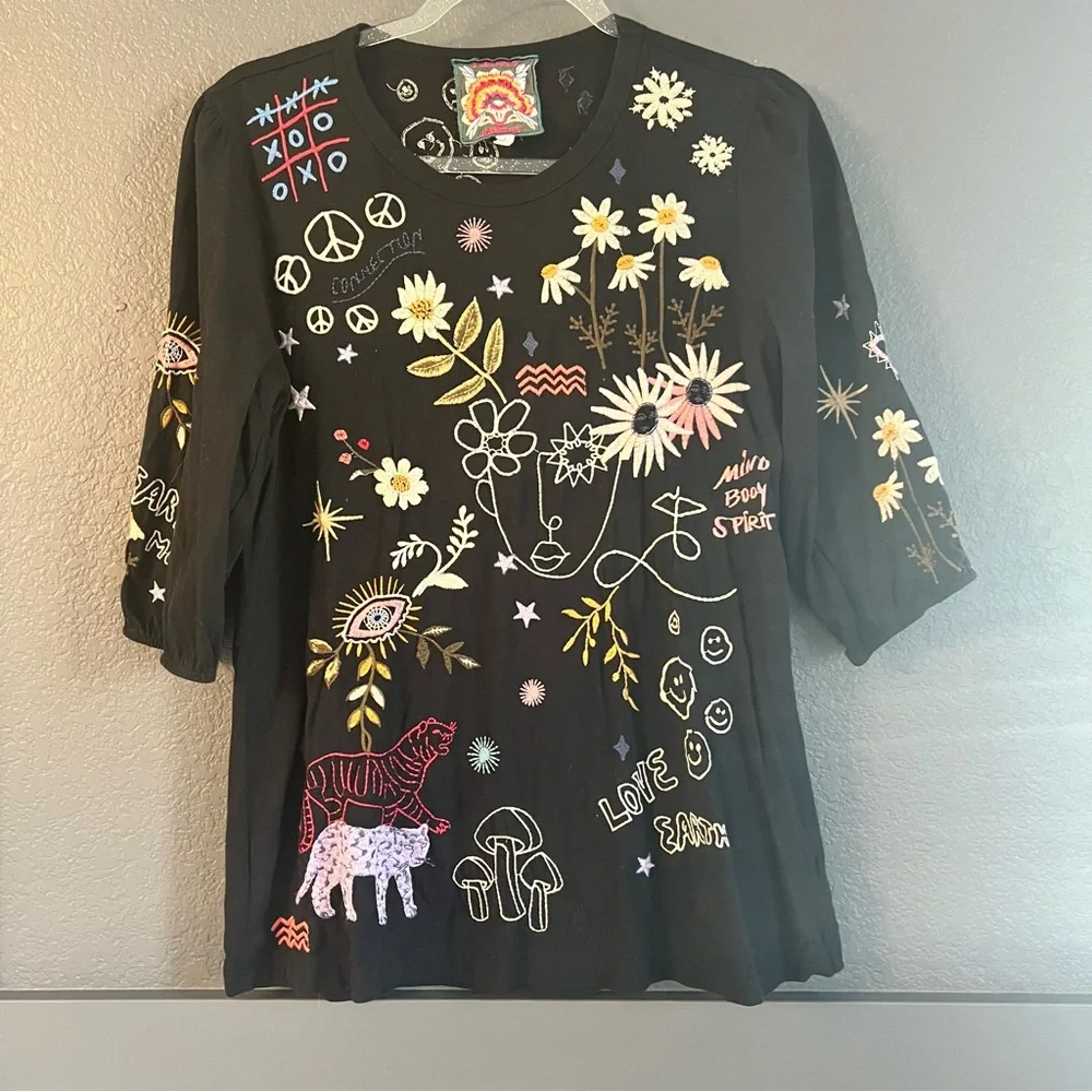 JOHNNY WAS • Soho puff sleeve top • Small - embroidered black - Picture 5 of 11